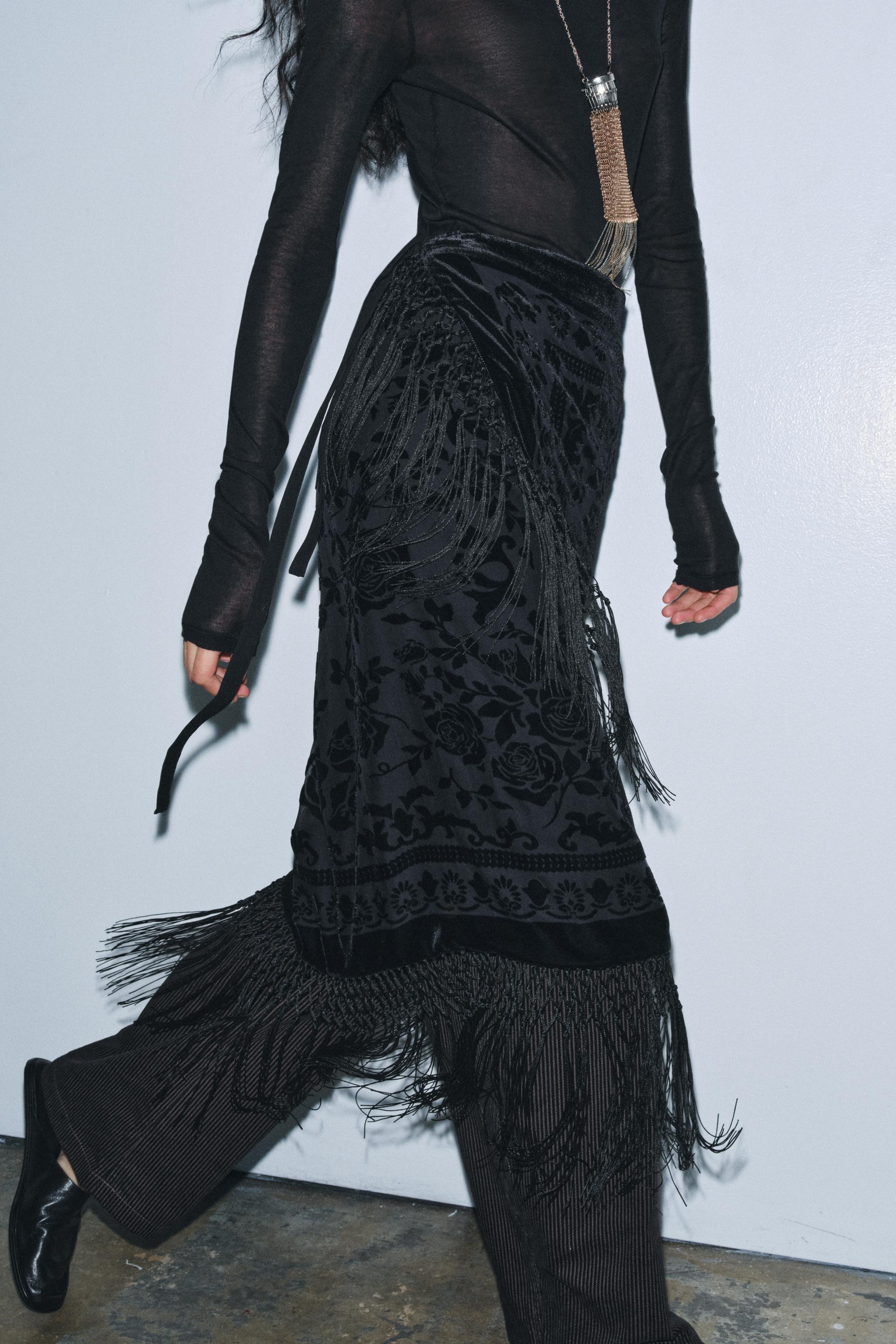 VELVET FRINGED SKIRT ZW COLLECTION LIMITED EDITION - Black | ZARA