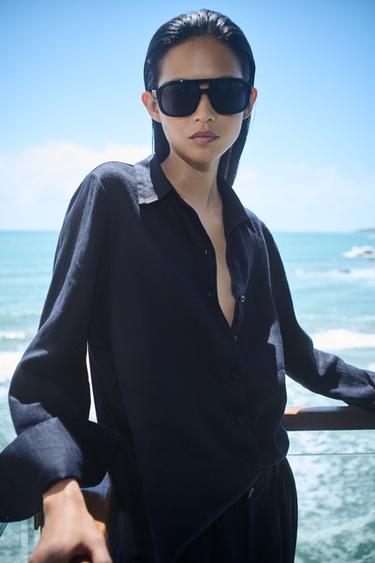 Zara 100% 亞麻打褶長褲 ZW COLLECTION - 海藍色