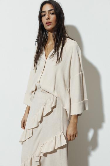 Zara V-NECK SHIRT - Light beige