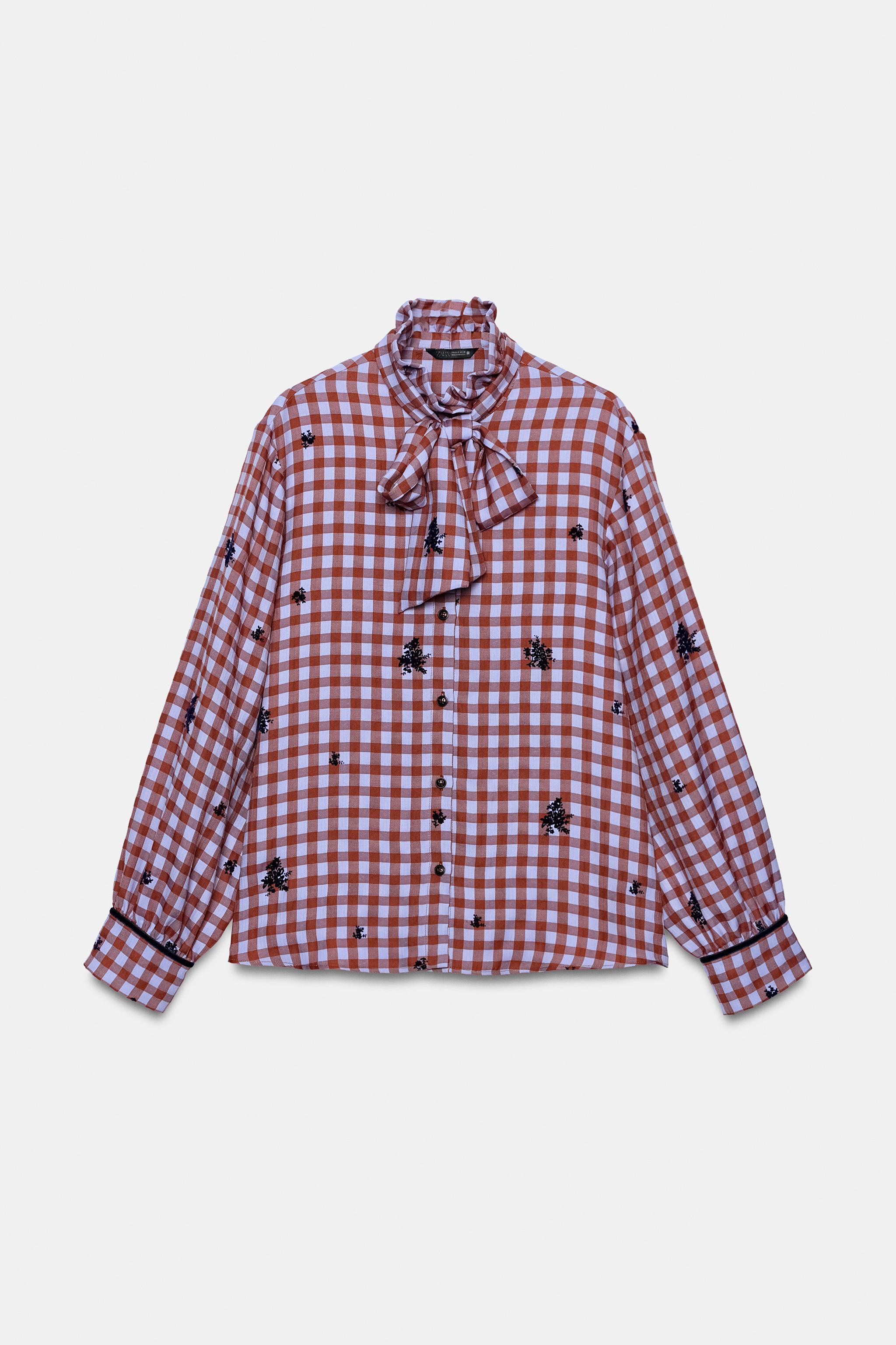 CHECK SHIRT WITH BOW AND VELVET DETAILS
