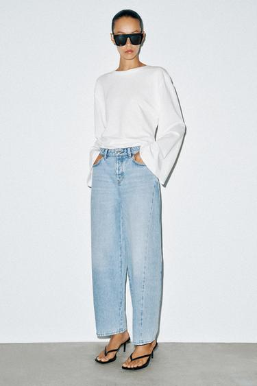 Zara Z1975 HIGH-RISE BARREL LEG SEAM JEANS - Light blue