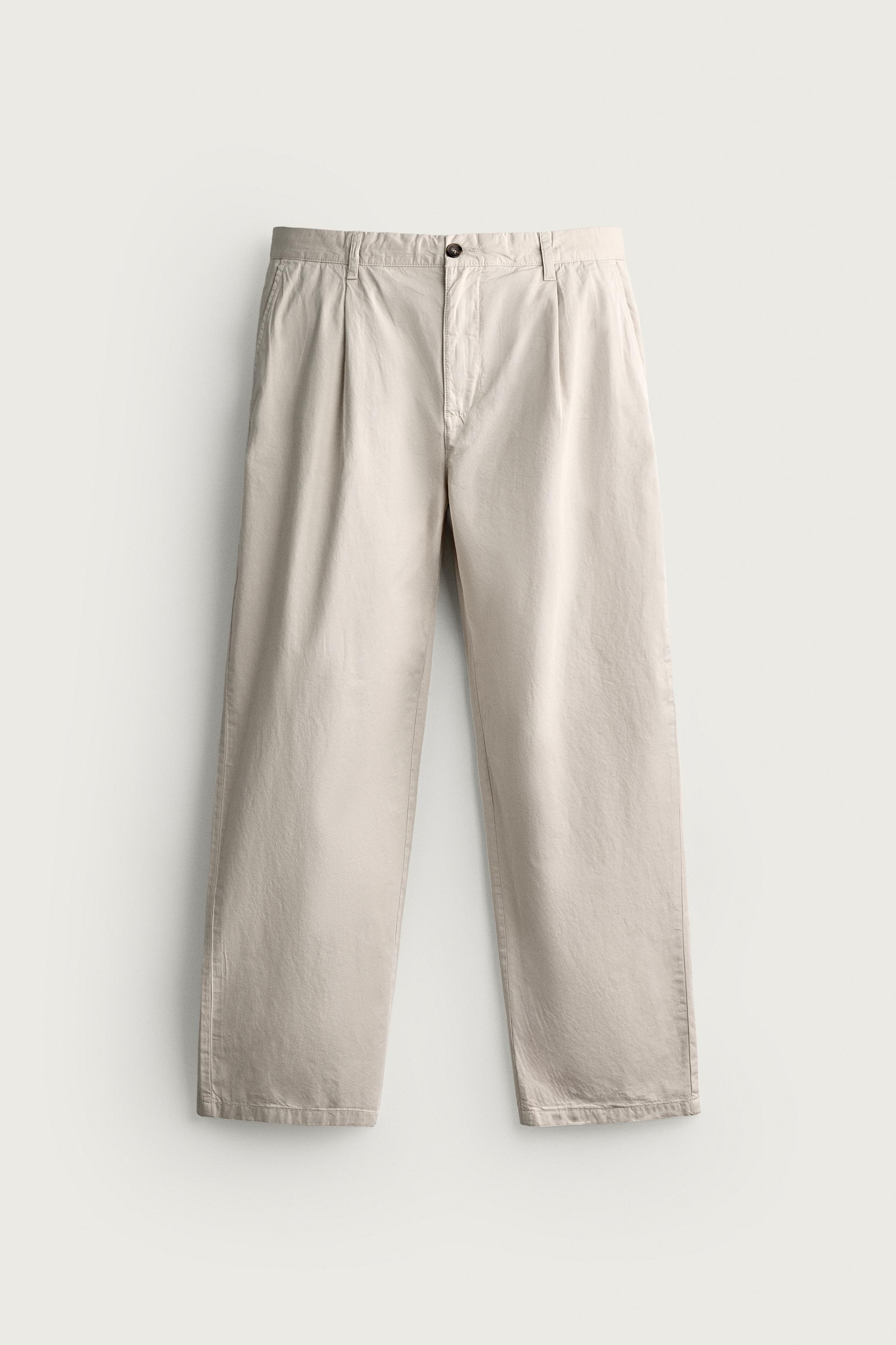 PLEATED STRAIGHT FIT CHINO PANTS — Ecru
