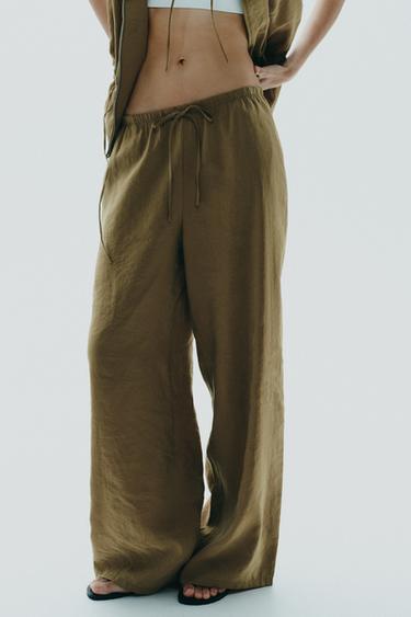 Zara FLOWY PALAZZO PANTS - Dark olive