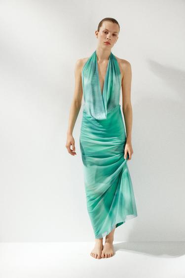PRINTED TULLE MAXI DRESS - Greens by Zara