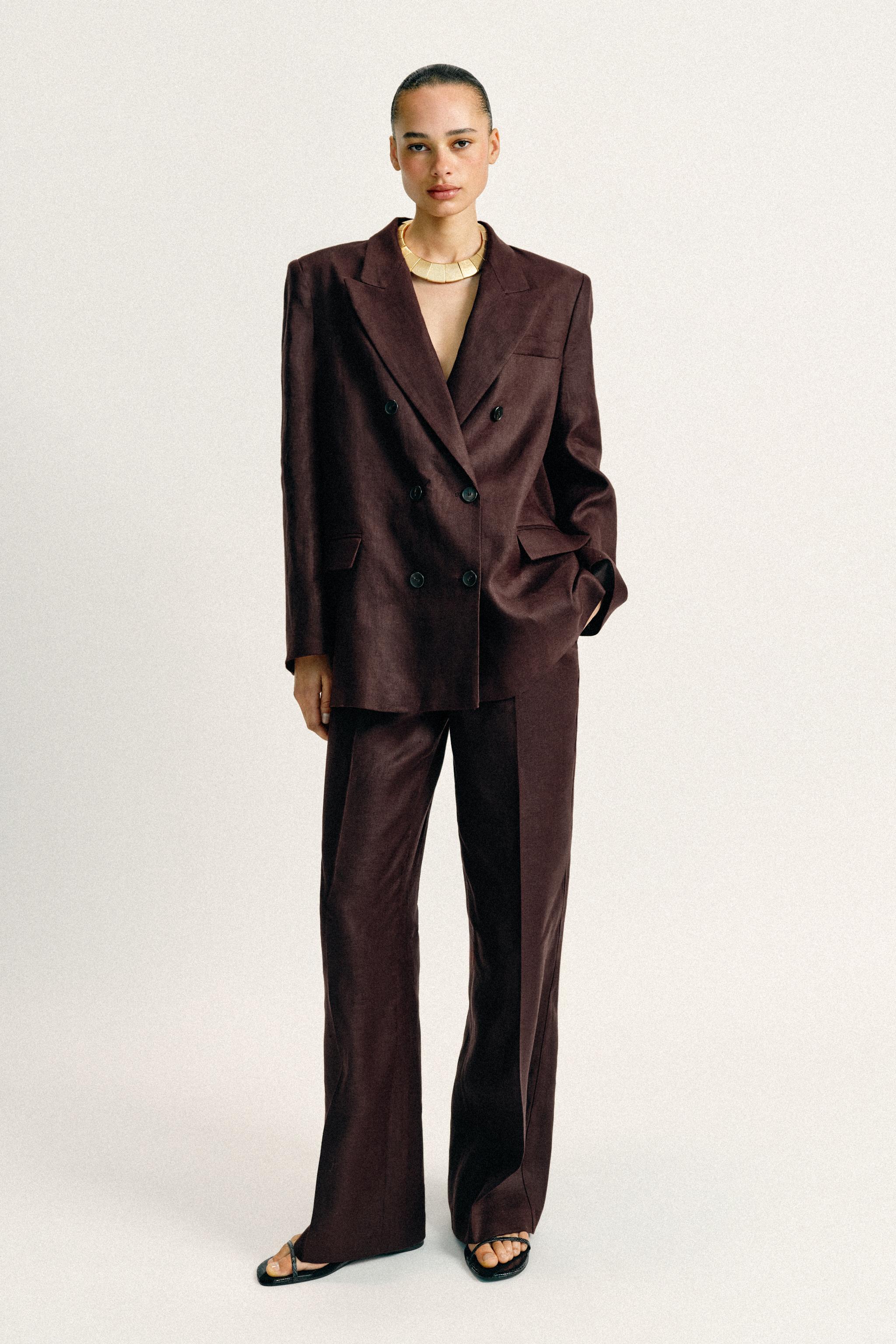 100% LINEN DOUBLE BREASTED BLAZER WITH SHOULDER PADS