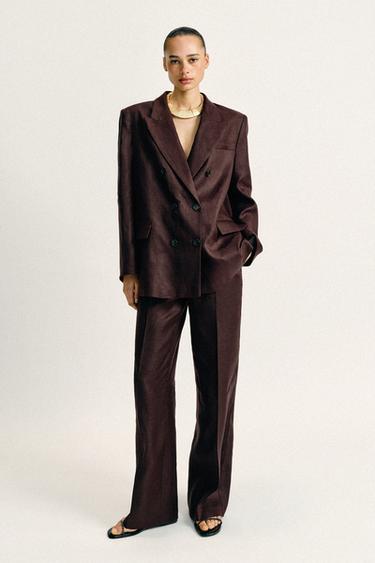 BLAZER MENYILANG 100% LINEN BANTALAN BAHU - Cokelat dari Zara