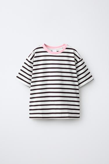 CAMISETA RAYAS CUELLO CONTRASTE - Marrón de Zara