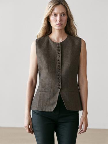 Zara 100% linen vest with button detail - Chocolate