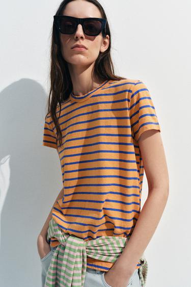 CAMISETA RAYAS ALGODÓN Y LINO - Naranja de Zara