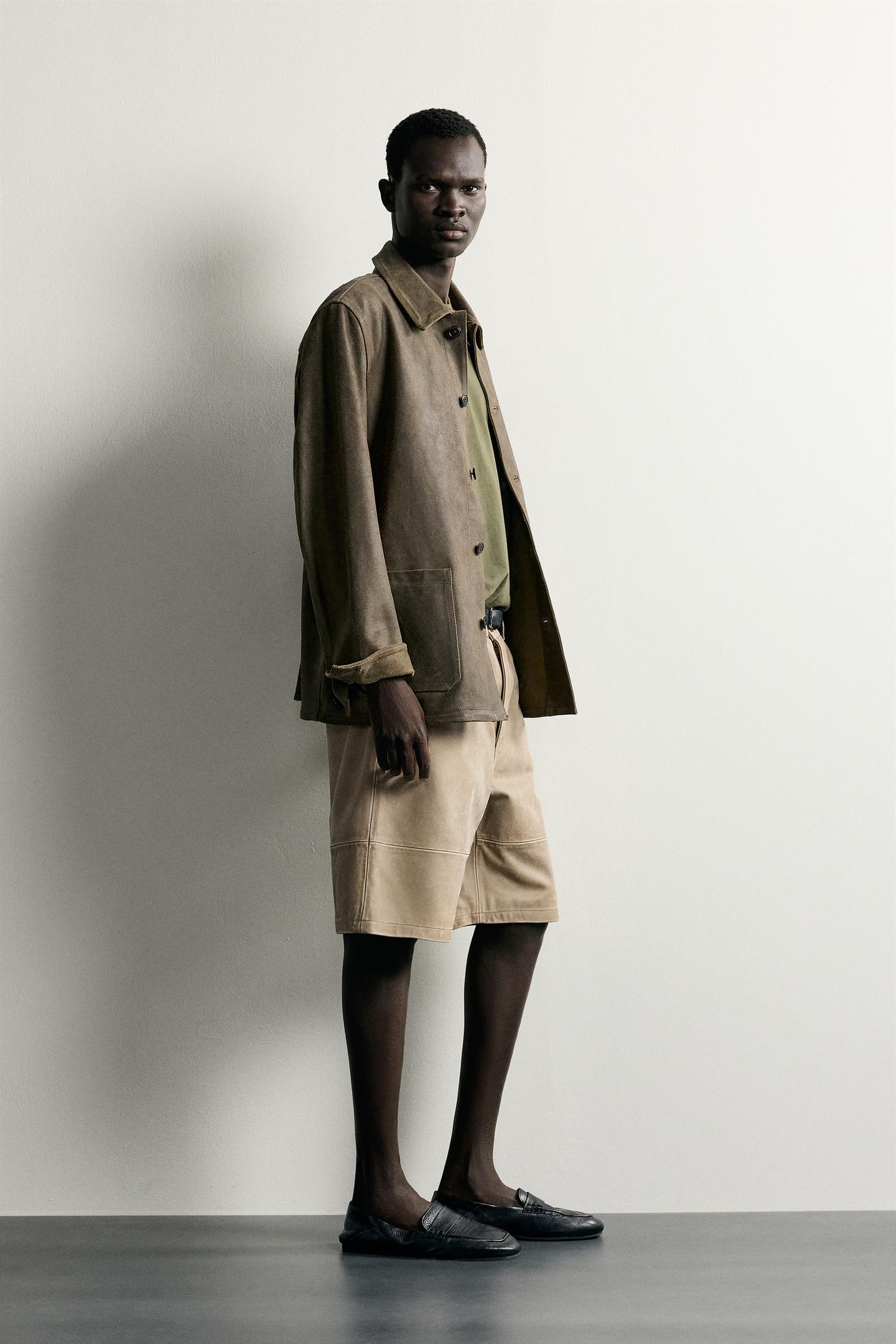 Мужские шорты Zara Washed-Effect Leather Bermuda, цвет: Бежевый — фото 4