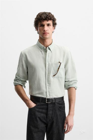 CAMISA DE LINHO E ALGODÃO - Verde-água da Zara