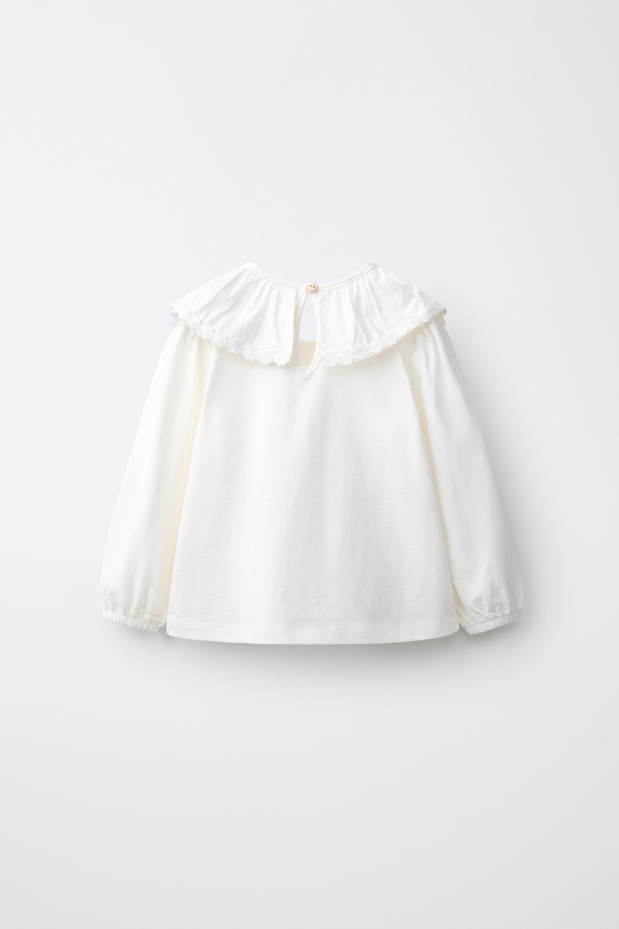 EMBROIDERED PETER PAN COLLAR T-SHIRT — Oyster-white