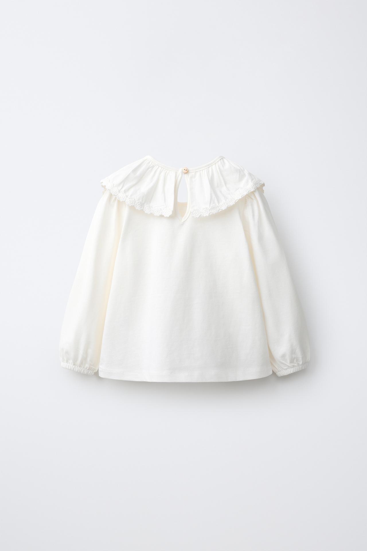 EMBROIDERED PETER PAN COLLAR T-SHIRT — Oyster-white