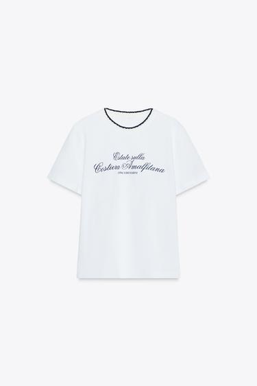 CHUNKY KNIT COLLAR SLOGAN T-SHIRT - Blue/White by Zara - Image 4