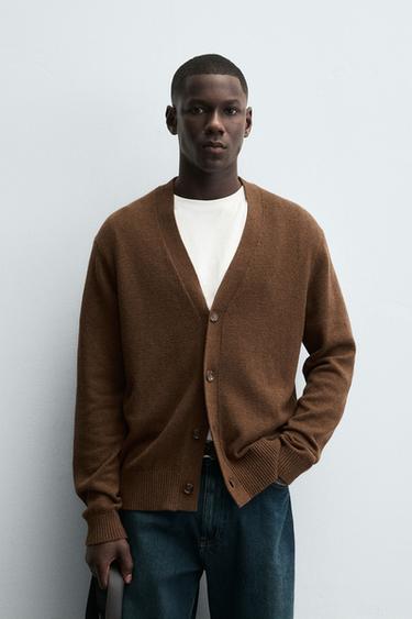 CARDIGAN REGULAR FIT MÉLANGE COTON - Caramel de Zara