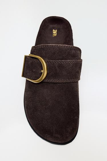 SPLIT SUEDE CLOGS WITH METAL BUCKLE - Chocolate Brown by Zara