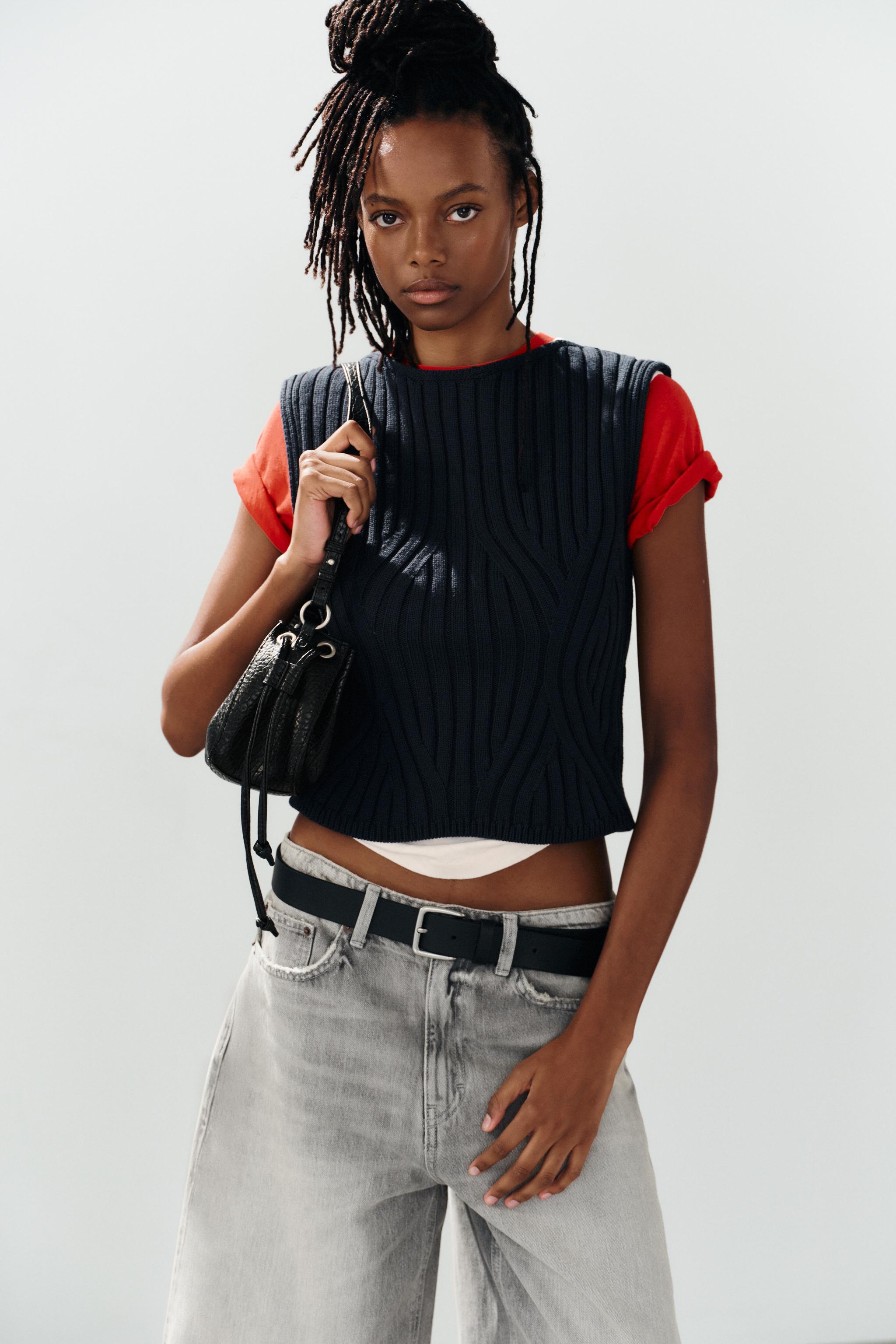 RIBBED KNIT TOP — Navy blue