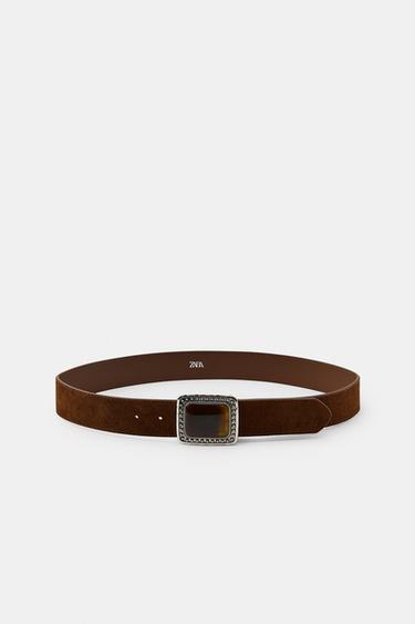 Zara 100% SUEDE LEATHER BELT WITH STONE BUCKLE - Brown