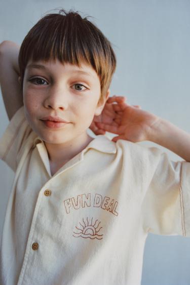 Zara TEXTURED EMBROIDERED SHIRT - Cream