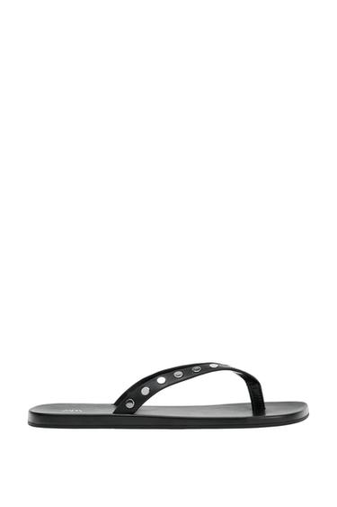 Zara STUDDED LEATHER FLAT SANDALS - Black