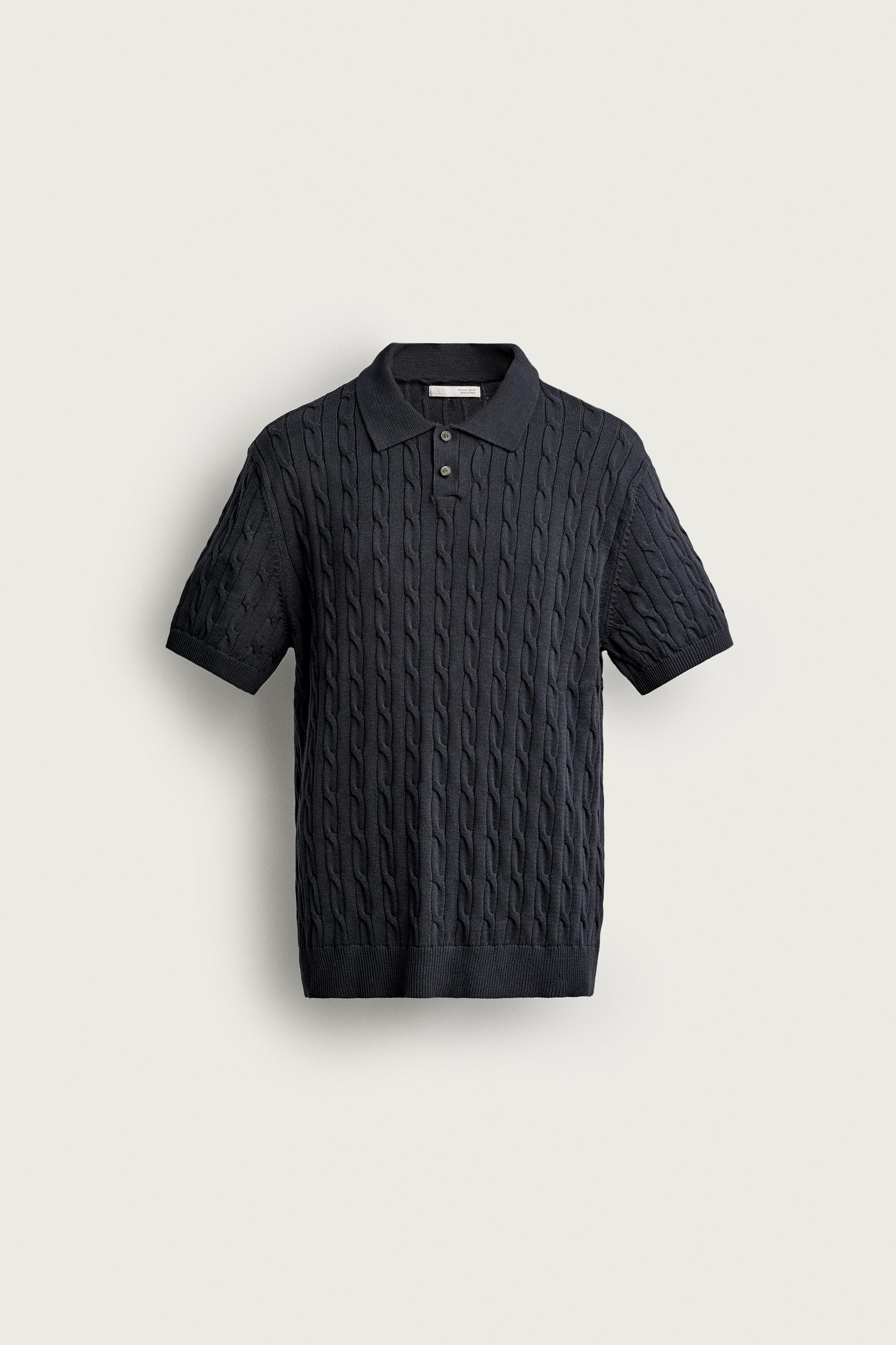 CABLE-KNIT POLO SHIRT — Navy blue