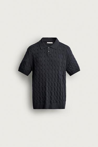 Zara CABLE-KNIT POLO SHIRT - Navy blue