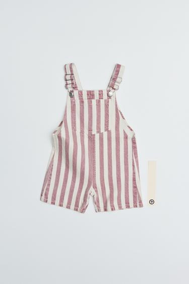 STRIPED TWILL SHORT DUNGAREES - Ecru / Red by Zara - Image 5