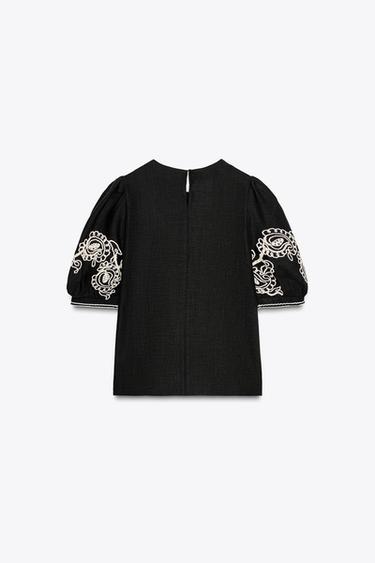 TOP BRODÉ MÉLANGE DE LIN ZW COLLECTION - Noir de Zara - Image 4