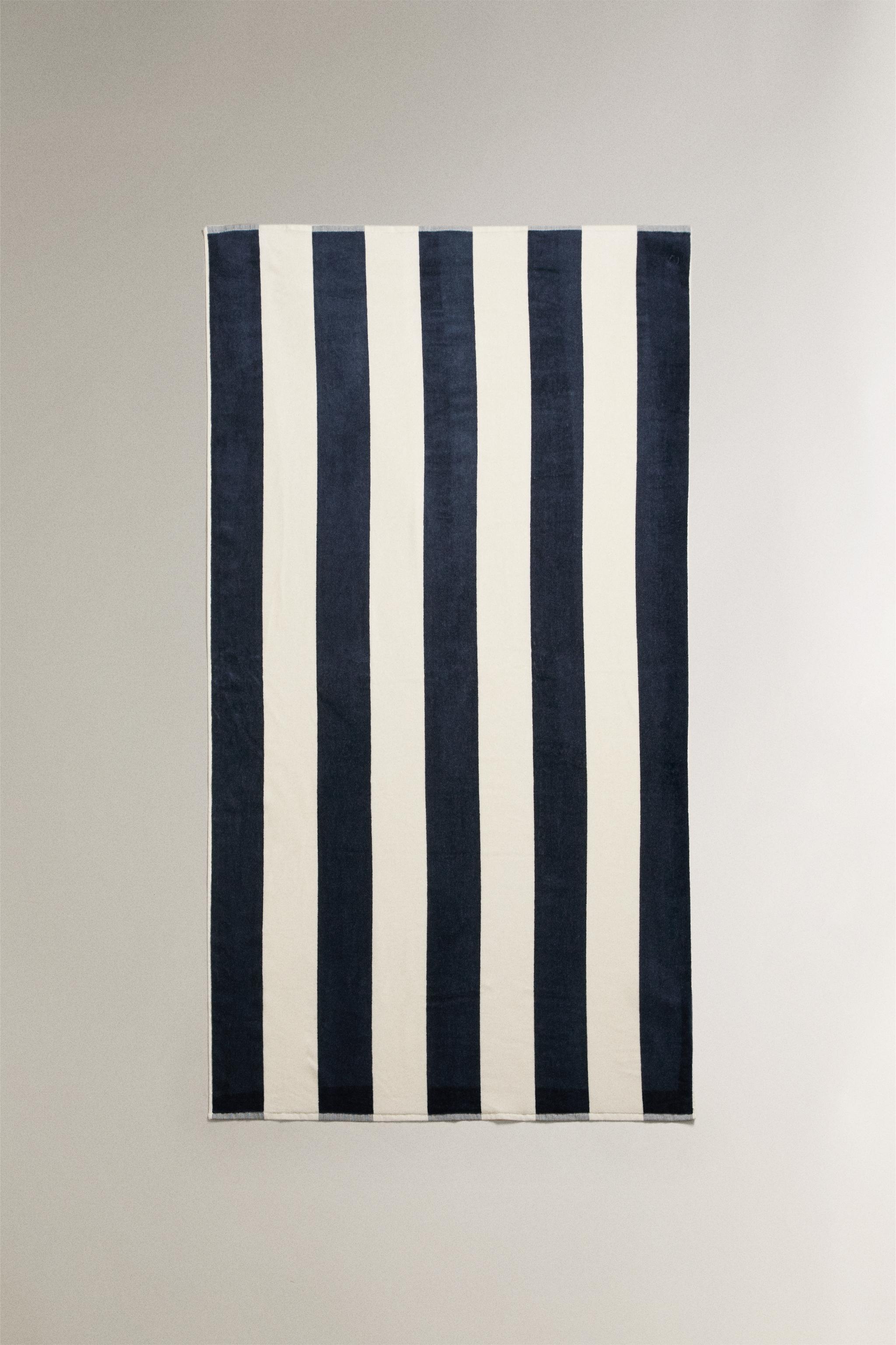WIDE STRIPE VELOUR BEACH TOWEL - Ecru / Navy | ZARA United States