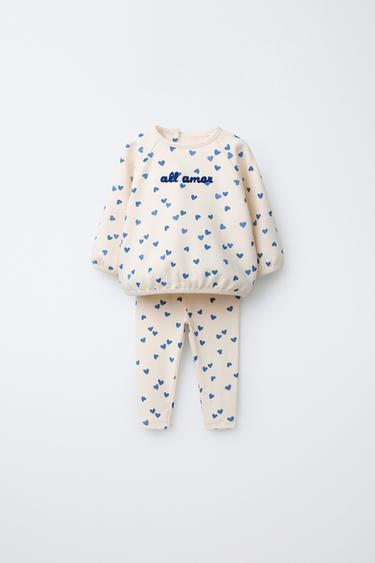סט סווטשירט וטייץ לבבות עם כיתוב רקום - בז' של Zara - תמונה 0