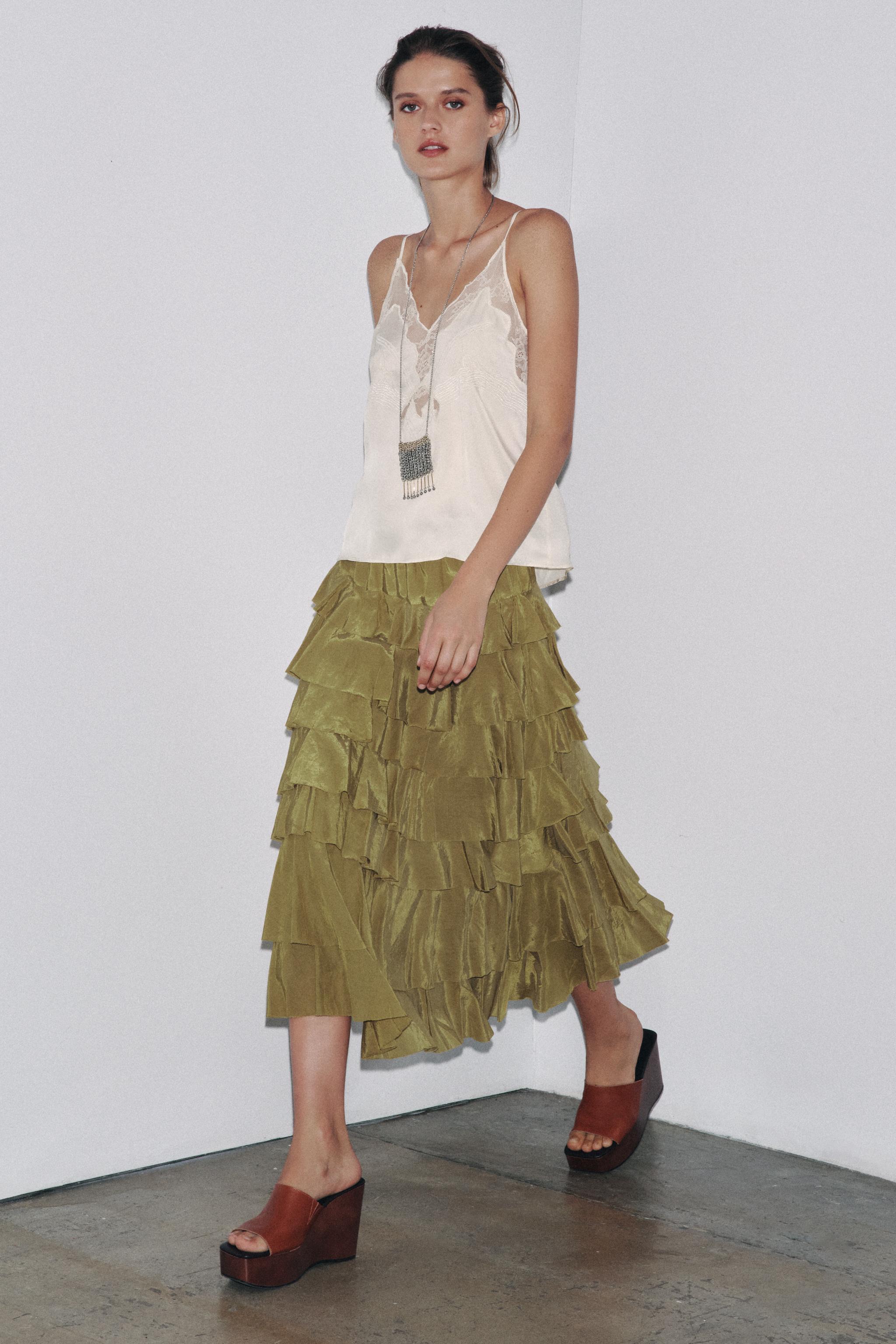 ZW COLLECTION RUFFLED MIDI SKIRT - Beige / Green | ZARA
