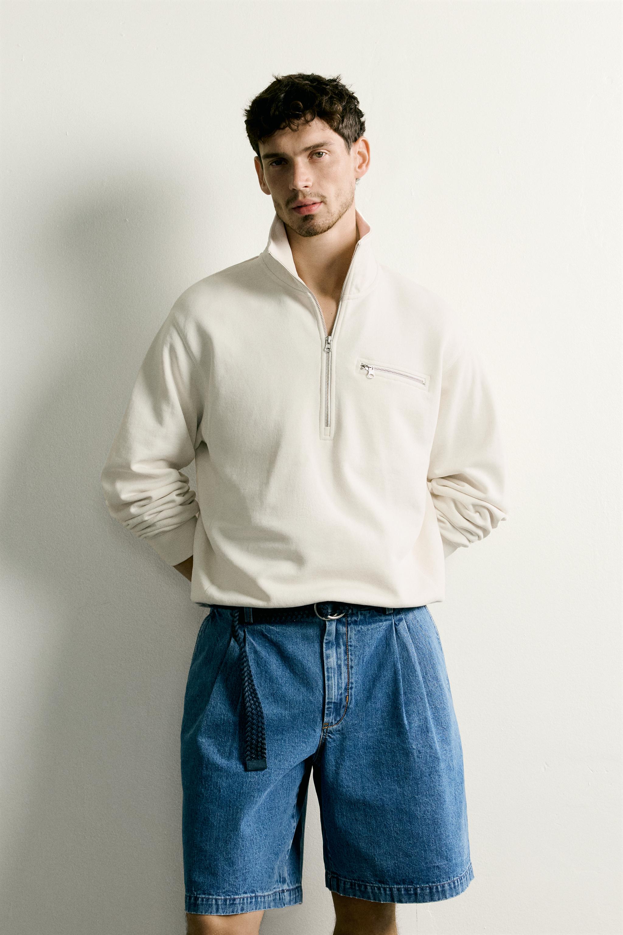 CONTRAST QUARTER-ZIP SWEATSHIRT — Bone