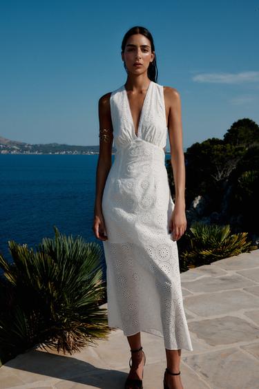 Zara EMBROIDERED MIDI DRESS - White