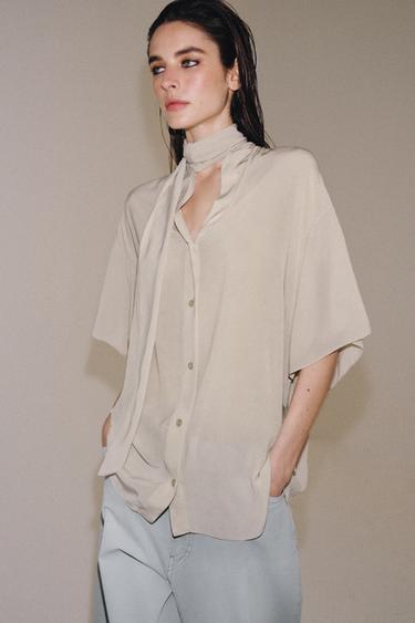ZW COLLECTION FLOWING SHIRT WITH BOW - Beige-pink by Zara - Image 6