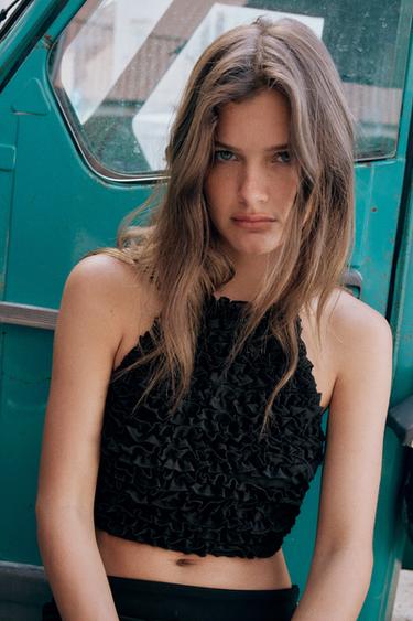 Zara RUFFLED HALTER CROP TOP - Black