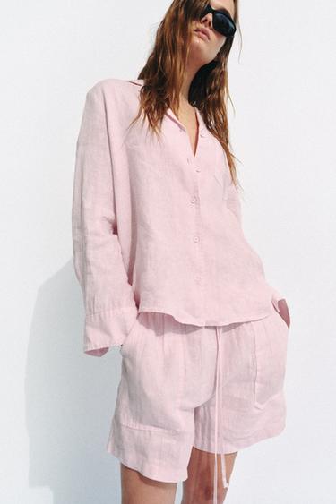 Zara ZW COLLECTION 亞麻短褲 - 淡紫紅色