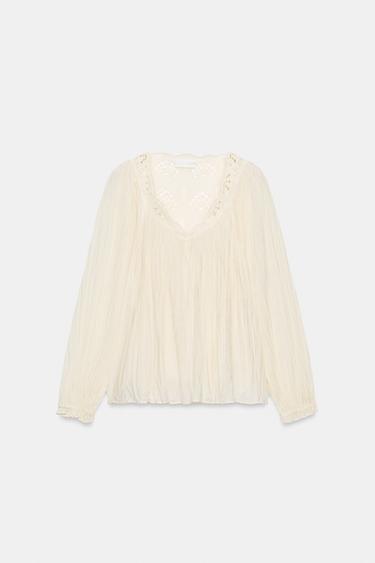 EMBROIDERED CRINKLED BLOUSE ZW COLLECTION - Ecru by Zara