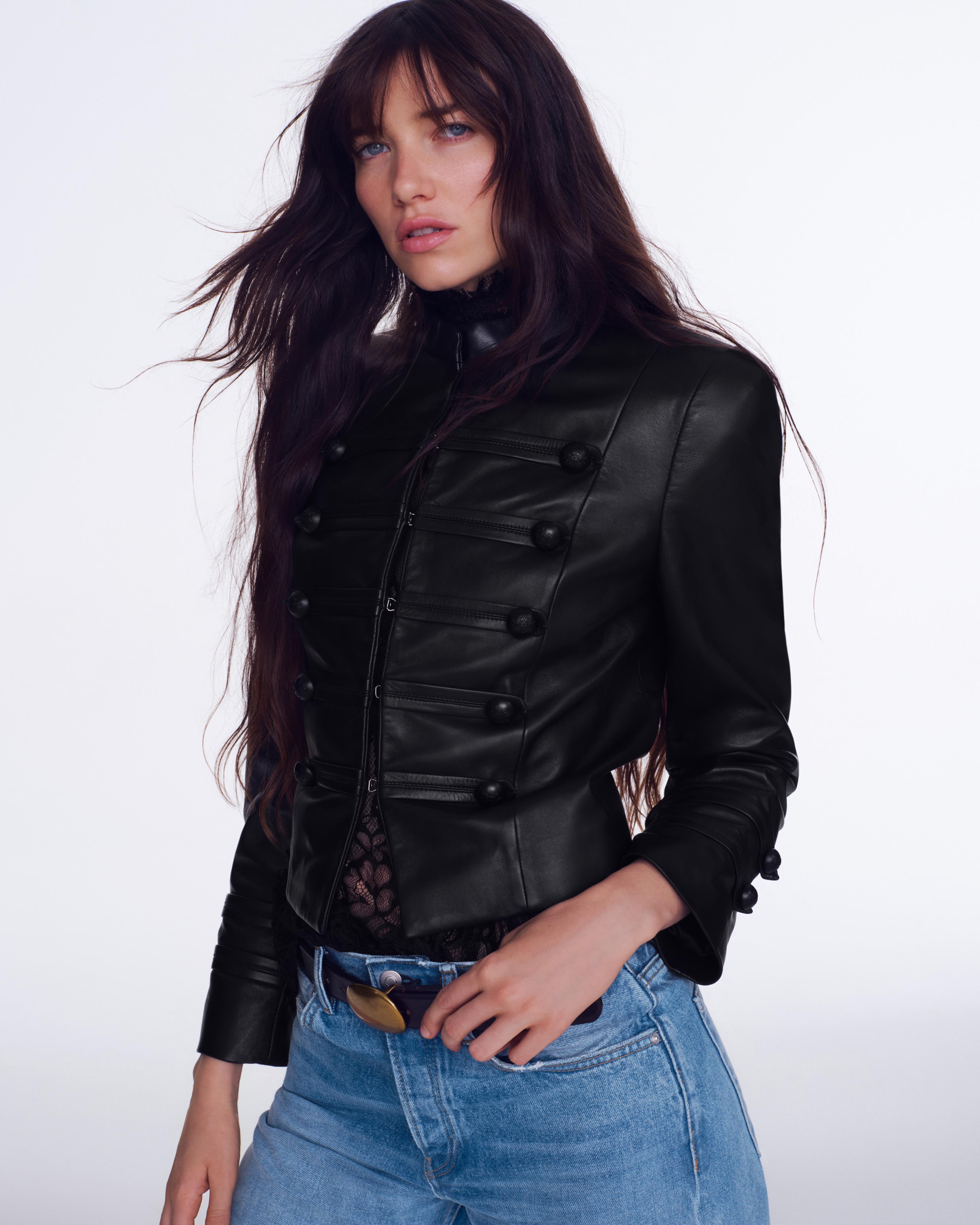 100% LEATHER FROG FASTENING JACKET ZW COLLECTION — Black