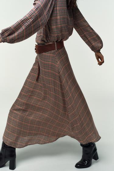 Zara PLAID SKIRT WITH BELT - Brown / Ecru