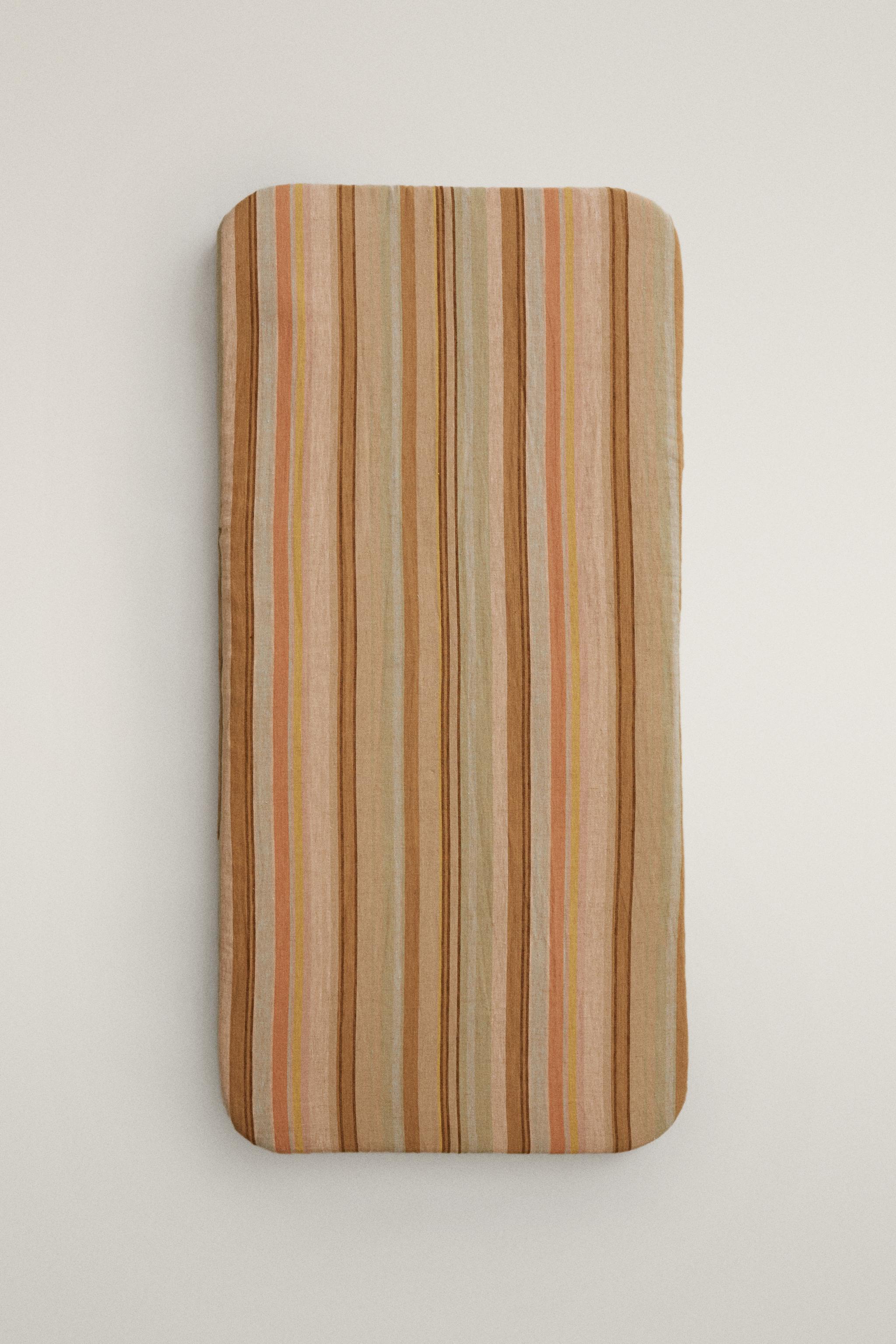 STRIPED COTTON AND LINEN ACCENT CHAIR SEAT CUSHION — Light beige
