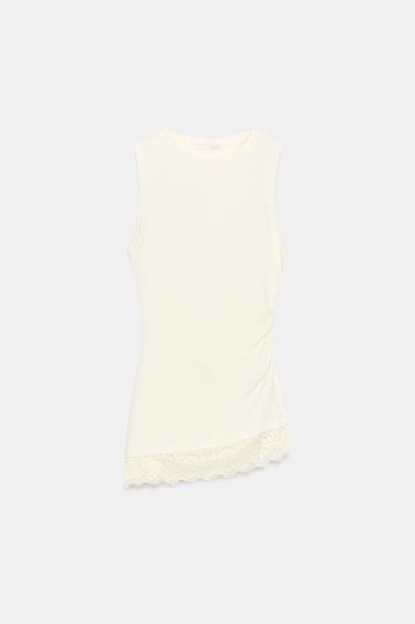 CAMISETA MANGA SISA ENCAJE - Blanco roto de Zara - Imagen 0