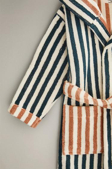 PEIGNOIR ENFANT RAYURES RÉVERSIBLE - Sable / Bleu de Zara - Image 2