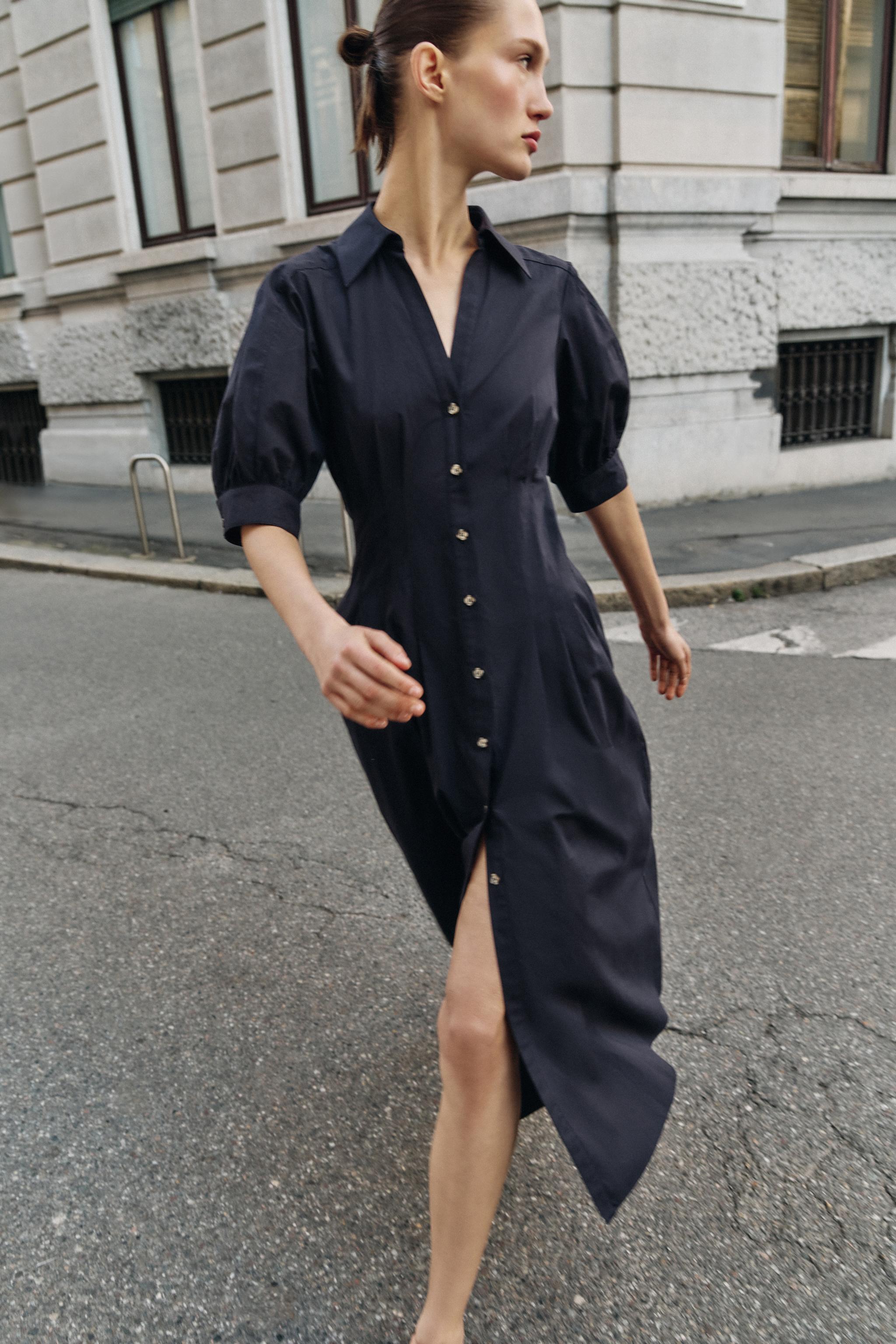 PUFF SLEEVE POPLIN MIDI DRESS