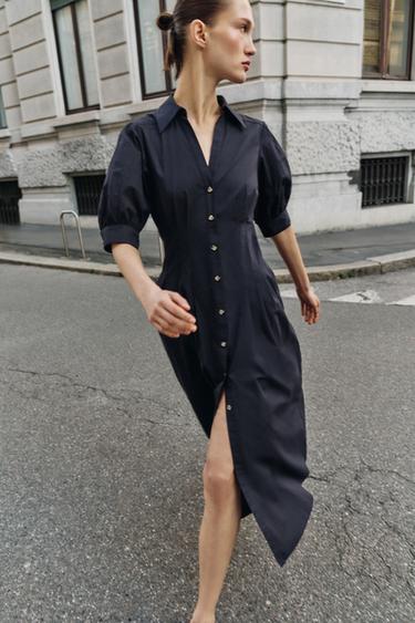 PUFF SLEEVE POPLIN MIDI DRESS - Navy blue by Zara
