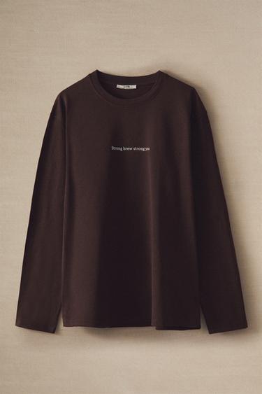 LONG-SLEEVE T-SHIRT WITH SLOGAN - Brown by Zara