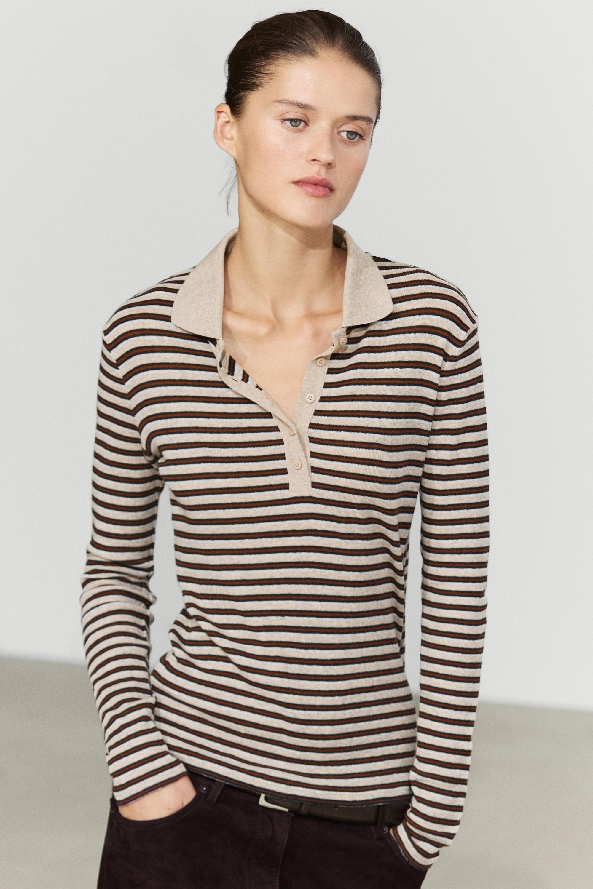 Long sleeve striped wool-blend polo