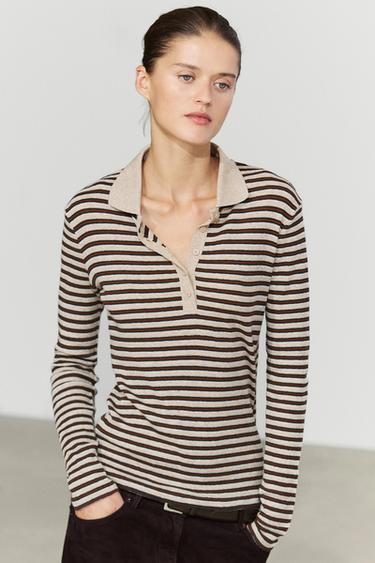 Long sleeve striped wool-blend polo — Bone 2