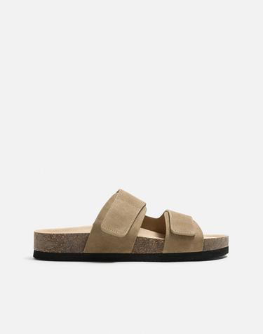 Zara DOUBLE STRAP LEATHER SANDALS - Beige