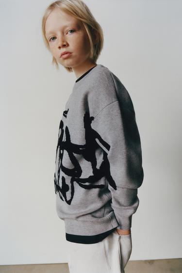 Zara GRAFFITI KNIT SWEATER - Gray