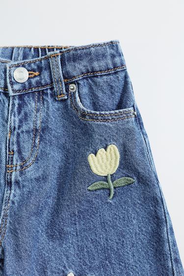 Zara EMBROIDERED FLORAL BARREL JEANS - Blue